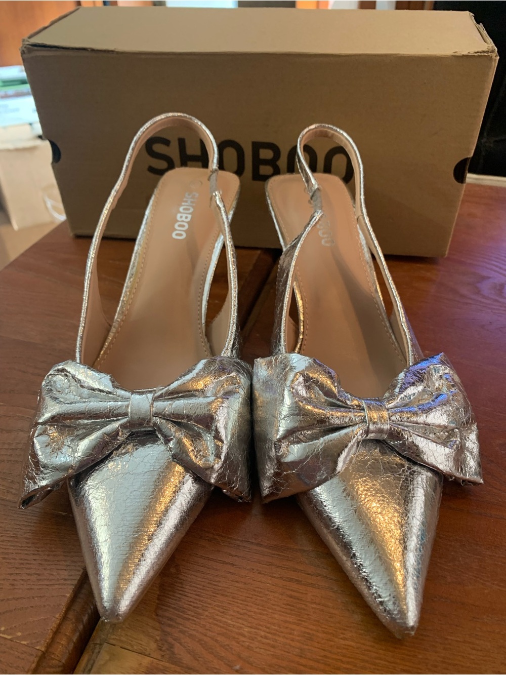 Shoboo Silver Crackle Bow Slingback Kitten Heels Wedding Formal